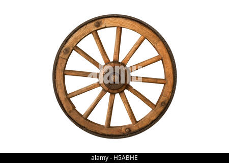 brown old wooden wheel isolated on white background Stock Photo