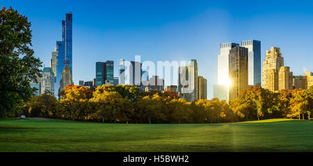 Central Park Sheep Meadow in full autumn colors. Midtown Manhattan skyscrapers in early morning light. New York City Stock Photo