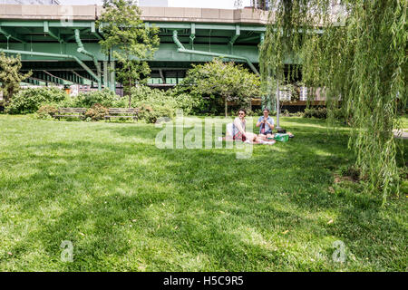 2 guys with picnic supplies sit on a blanket in shade of willow tree on a glorious sunny 4th of July Riverside park Manhattan Stock Photo