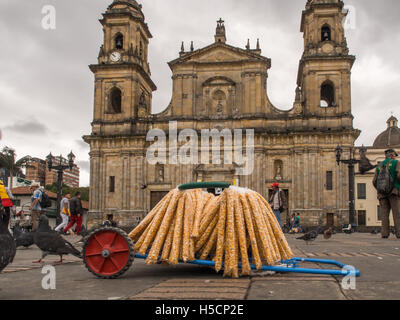 Bogota, Colombia - April 30, 2016: Pigeons and tourists on Bolivar Square in Bogota Stock Photo