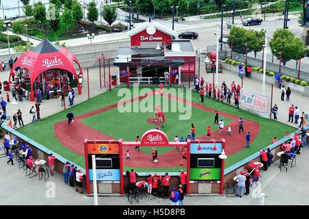 A whiffle ball stadium within a stadium, one of the fan-friendly attractions inside The Great American Ballpark. Cincinnati, Ohio, USA. Stock Photo