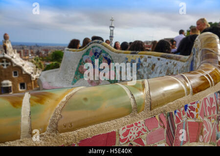 The amazing mosaic benches at Park Guell in Barcelona Stock Photo