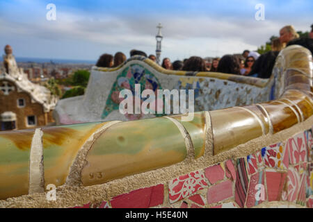 The amazing mosaic benches at Park Guell in Barcelona Stock Photo