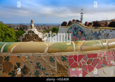 The amazing mosaic benches at Park Guell in Barcelona Stock Photo