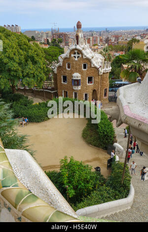 The amazing mosaic benches at Park Guell in Barcelona Stock Photo