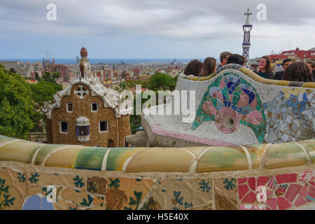 The amazing mosaic benches at Park Guell in Barcelona Stock Photo