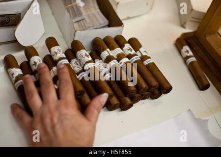 Miami, Florida, USA. 14th Jan, 2014. Cigars hand rolled at the El Credito Cigar factory in the Cuba influenced community of Little Havana. Little Havana (La Pequena Habana) is a neighborhood within the City of Miami. Home to many Cuban immigrant residents. Little Havana is noted as a center of social, cultural, and political activity in Miami, known for its landmarks, including Calle Ocho it is undoubtedly the best known neighborhood for Cuban exiles in the world, and as the cultural and political capital of Cuban Americans. Characterized by a robust street life, excellent restaurants, cultu Stock Photo