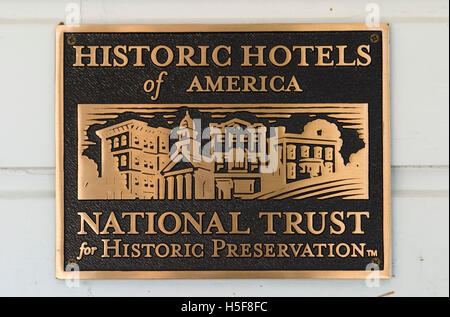 Dec 01, 2005; Wawona, CA, USA; Plaque showing 'Historic hotels of America' by the National Trust for historic Preservation. The Wawona Hotel, built in 1876. Yosemite's Wawona Golf Course was the first regulation course in the Sierra Nevada when it opened in 1918 -- and has provided golfers challenging but rewarding rounds ever since. It was designed by Walter Fovargue to blend seamlessly into its spectacular surroundings. The nine-hole, par-35 course measures 3,050 yards and includes two par five holes and three par three holes. Different tee positions per side provide a par 70, 18-hole format Stock Photo