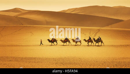 Dunhuang, Dunhuang, China. 25th Sep, 2016. Dunhuang, CHINA-September 25 2016: (EDITORIAL USE ONLY. CHINA OUT) .Tourists ride camels in the desert of Echoing-Sand Mountain in in Dunhuang, northwest China's Gansu Province, September 25, 2016. Stunning scenery of Echoing-Sand Mountain and Crescent Lake attract lots of tourists from different areas. © SIPA Asia/ZUMA Wire/Alamy Live News Stock Photo