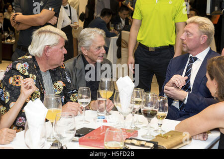 John Daly, Michael Douglas and Boris Becker attend the Gala Opening Dinner during the 4th Mission Hills World Celebrity Pro-Am at Mission Hills Complex on October 20, 2016 in Haikou, Hainan Province of China. | Verwendung weltweit/picture alliance Stock Photo