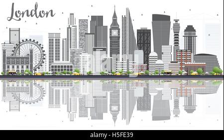 London Skyline with Gray Buildings and Reflections Isolated on White Background. Business Travel and Tourism Concept. Stock Vector