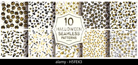 Set of 10 halloween seamless patterns. Vector illustration. Halloween background with pumpkin, cross, owl, skull and grave Stock Vector