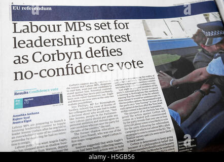 'Labour MPs set for leadership contest as Corbyn defies no-confidence vote'  Guardian newspaper article 28 June 2016 Stock Photo