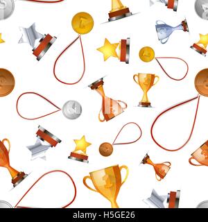 Winners awards with medals, cups and stars on white, seamless pattern Stock Vector