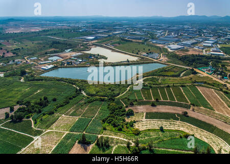 Industrial estate land development Farmland water reservoir aerial view Stock Photo