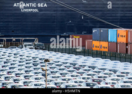 Atlantic Sea loading British Cars; New Luxury British made cars under wraps, wrapped for protection for export from the UK at Seaforth Docks.   White wrapped covered new British Jaguar & Land Rover  made vehicles for export lining up on the Liverpool quayside for export.  CMA CGM  ship at Peel Ports £300m deep water shipping container terminal, which can now handle the biggest container vessels in the world, Merseyside, UK Stock Photo