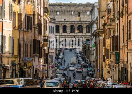 Street in Monti district with Colosseum in the background, Rome, Lazio, Italy Stock Photo