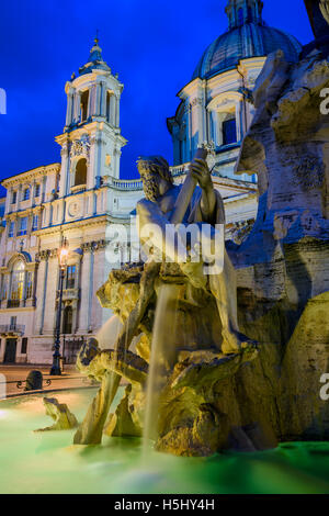 Night view of Fountain of the four Rivers, Piazza Navona, Rome, Lazio, Italy Stock Photo