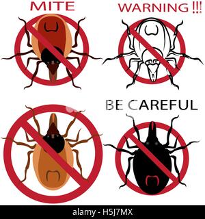 A set of warning sign. Spider mites. Red mite. Mite allergy. Epidemic. Mite parasites illustration Stock Vector