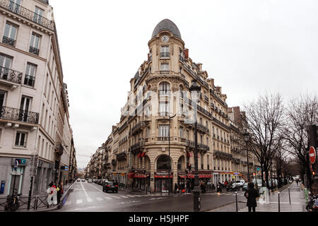 PARIS, FRANCE - DECEMBER 31, 2011: View from Place de Clichy in Paris on streets and buildings Stock Photo