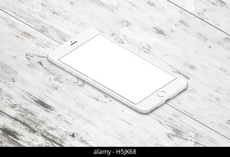White modern mobile phone on table. Isometric, side position. Silver color of mobile device with blank, white, isolated screen Stock Photo