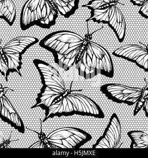 Black lace seamless pattern with butterflies and lattice on white background Stock Vector