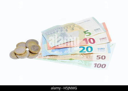 Different kind of Euro bills and coins Stock Photo