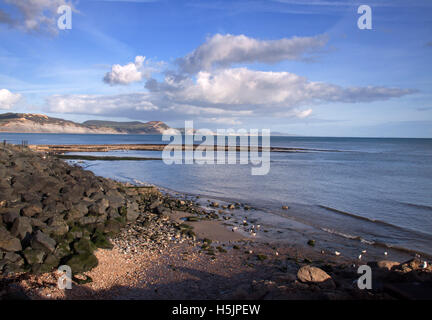 View from Lyme Regis across Lyme Bay east towards Chesil beach. Stock Photo