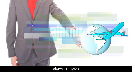 Young businessman with airplane and globe on white background Stock ...