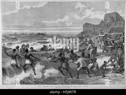 THIRD ASHANTI WAR  1873-1874. Wounded British soldiers being sent to hospital ships off the Cape Coast of Ghana. Engraving:  London Illustrated News. Stock Photo