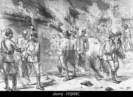 THIRD ASHANTI WAR 1873-1874  British troops set fire to Kumasi on  4 February 1874. Engraving from The Graphic Stock Photo