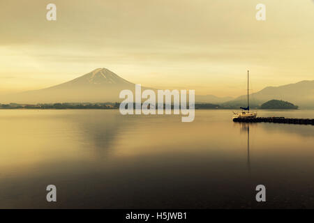 Mt. Fuji at Lake Kawaguchi during sunrise in Japan. Mt. Fuji is famous mountain in Japan. Stock Photo