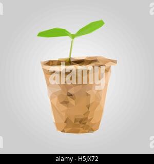 Sprout in a pot isolated on gray background. Geometric polygonal style. Triangle vector Stock Vector