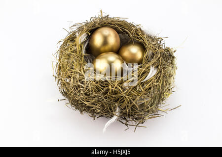 Three gold eggs in feathered bird's nest isolated on white background Stock Photo