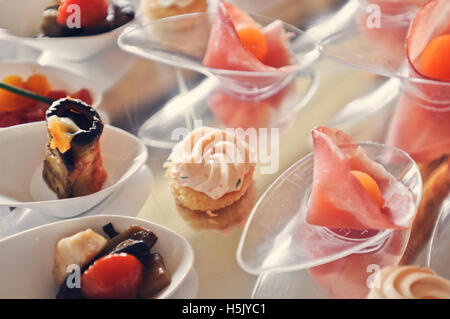 close up of starters, aubergine and salmon with butter cream Stock Photo