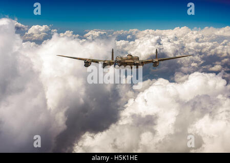 A depiction of a solitary RAF Avro Lancaster bomber making its way through sunlit clouds in July 1944. Stock Photo