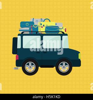 Off road or 4x4 car with luggage on the roof. Yellow backgroung. Stock Vector