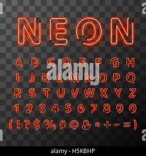 Bright red Neon letters font on transparent background. Stock Vector