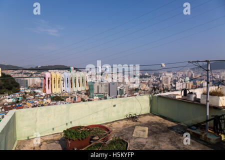 Cloths ping hanging on a rooftop in Busan, South Korea Stock Photo