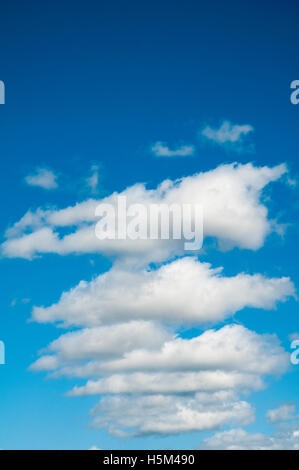 Small white oblong clouds rise against blue sky Stock Photo