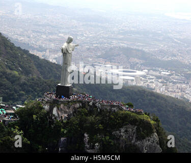 Rio de Janeiro Brazil 2016 Cristo Redentor ( Christ the Redeemer ) atop the granite mountain of Corcovado Stock Photo