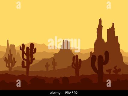 Sunset in stone desert  with cactuses and mountains. Stock Vector