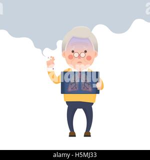 Vector Illustration of Old Man Smoking Cigarette While Holding X-ray Image Showing Lung Pulmonary Emphysema Problem Stock Vector