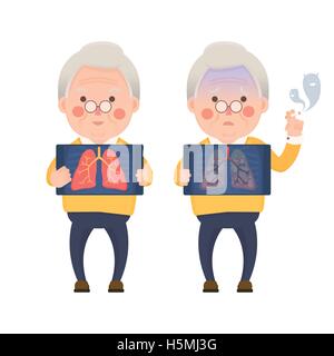 Vector Illustration of Happy Old Man Holding X-ray Image Showing Healthy Lung Compare with Sad Man Showing Lung Problem Stock Vector