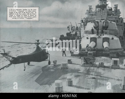 Vintage magazine back cover dated April 1947 showing the Sikorsky S-3 helicopter of the 1940s landing on the deck of HMS Vanguard battleship and was the last of the Royal Navy's battleships and the last battleship to be built in the world. The photo is from the Air Reserve Gazette and shows Vanguard during  King George VI first Royal Tour of South Africa. Stock Photo