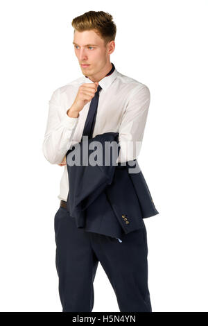 Thoughtful young businessman isolated on white Stock Photo
