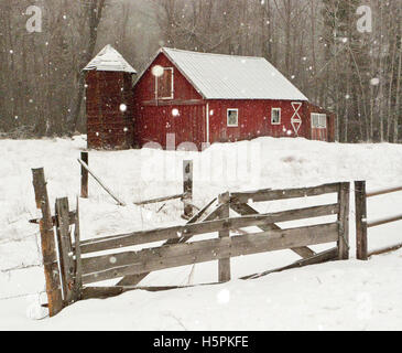 Old red barn in beautiful snowy winter landscape, Twisp, Methow Valley, Washington State, WA Stock Photo