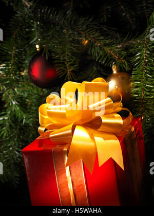 Christmas gift with a tree in the background Stock Photo