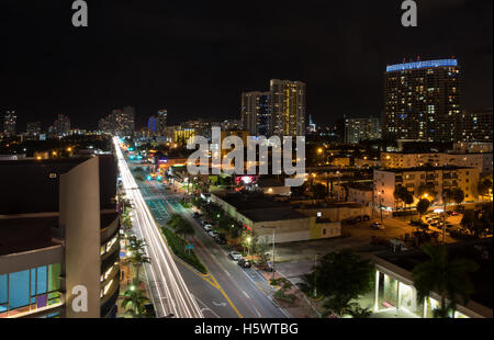 Long exposition night shot of Alton Rd. in Miami Beach, Florida, with camera pointed to south. Stock Photo