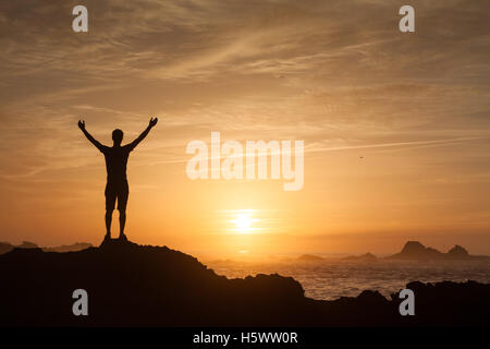Young adult raising arms to the sea at sunset hands up Stock Photo